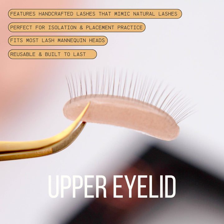 Detailed view of natural layered lashes on Ultra Real Lash Practice Eyelids for realistic lash extension practice
