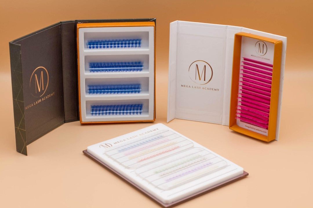 Rainbow colored lash extensions in trays