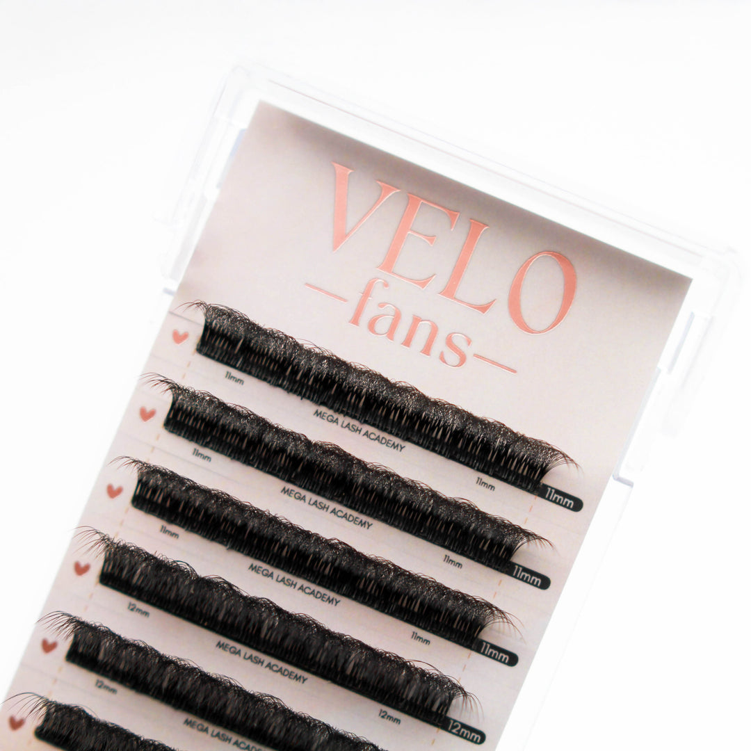Eyelash extension tray with 'VELO fans' branding on a white background