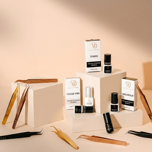 Collection of lash extensions products on a neutral background