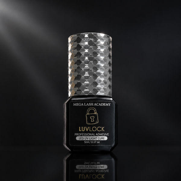 Mega Lash Academy Luvlock UV lash adhesive bottle with geometric pattern on a black background