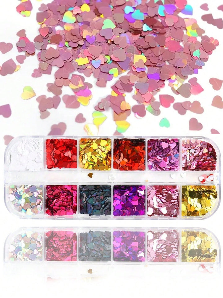 Heart-shaped nail art glitter confetti in a clear plastic tray, with loose multicolor heart confetti scattered above on a white background.