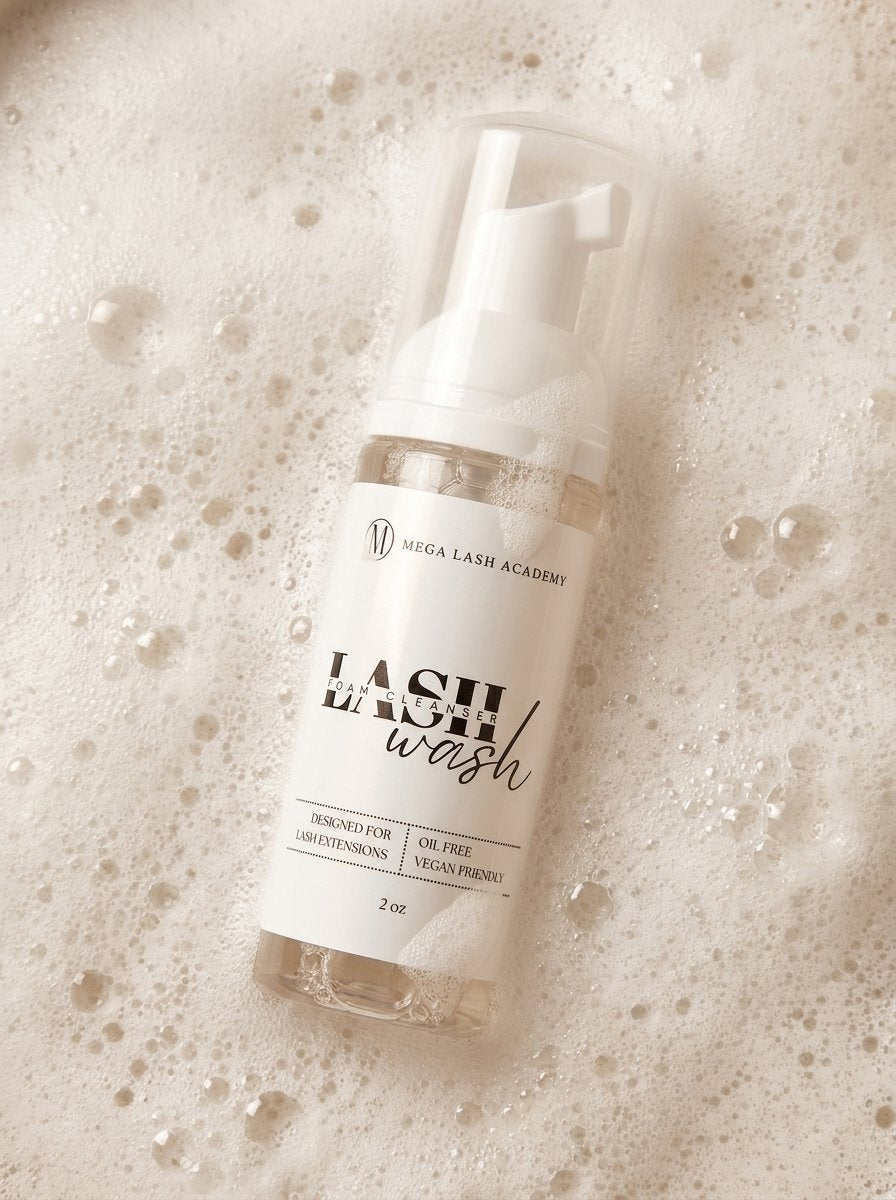 Bottle of Lash Wash on a textured beige background