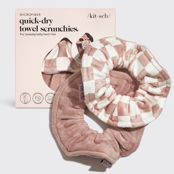 Microfiber Quick-Dry Towel Scrunchies 2pc - Terracotta Checker Towel Scrunchies KITSCH 