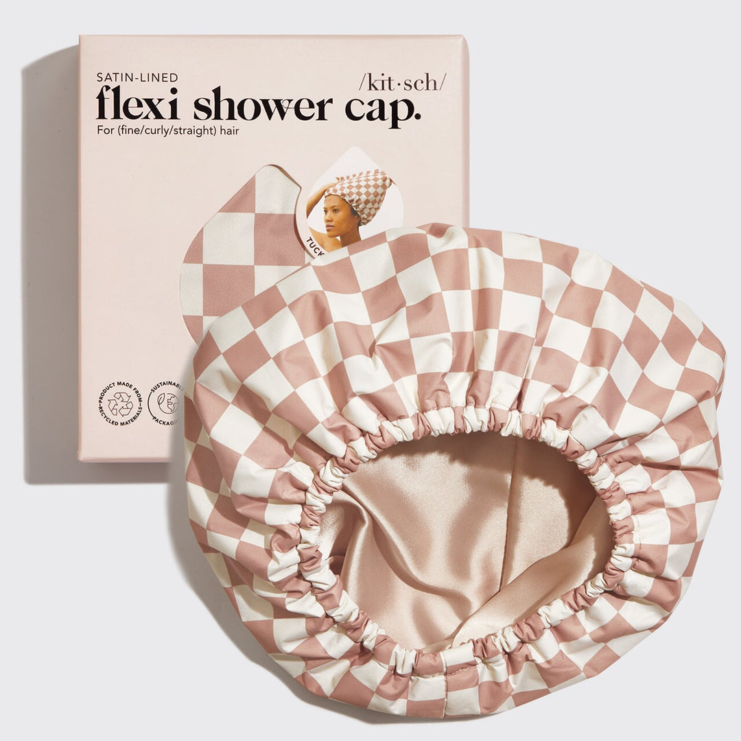 Satin Lined Flexi Shower Cap - Terracotta Checker Shower Caps KITSCH 