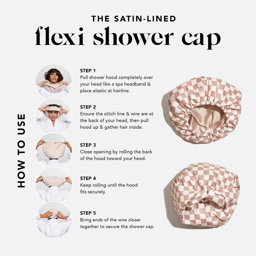 Satin Lined Flexi Shower Cap - Terracotta Checker Shower Caps KITSCH 