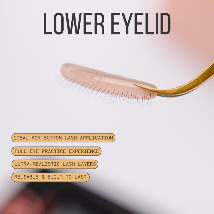 Detailed view of natural layered lashes on Ultra Real Lash Practice Eyelids for bottom lash realistic lash extension practice